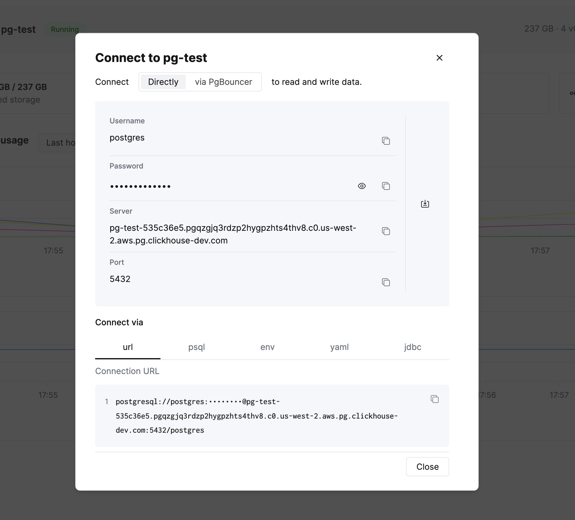 Модальное окно подключения Managed Postgres