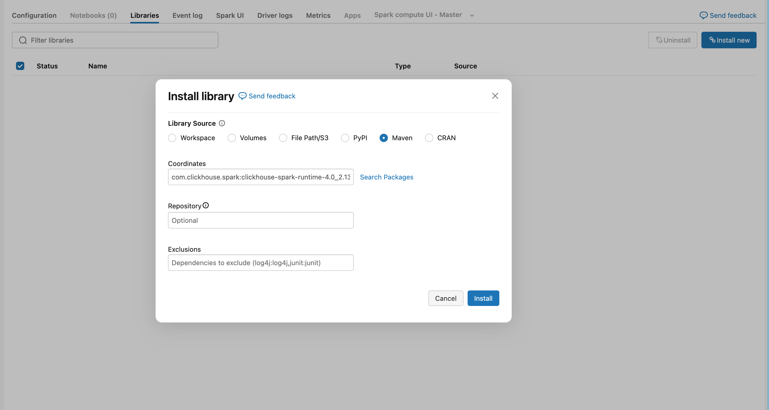 Настро�йка библиотек Maven в Databricks